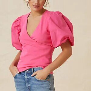 ANTHROPOLOGIE MAEVE pink crossover top with puff sleeves
